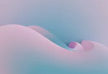 Paesaggio astratto pastello rosa e azzurro con una piega che apre un passaggio