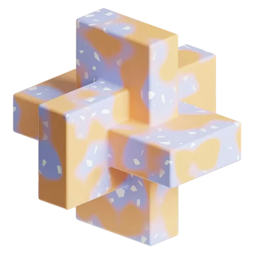 Tre travi tridimensionali intrecciate a incastro, in un rendering astratto dai toni pastello arancio e lavanda