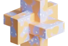 Tre travi tridimensionali intrecciate a incastro, in un rendering astratto dai toni pastello arancio e lavanda