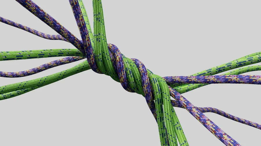 Corde verdi e viola che convergono in un unico nodo su fondo grigio: il nodo da sciogliere nella crisi d'impresa e sovraindebitamento